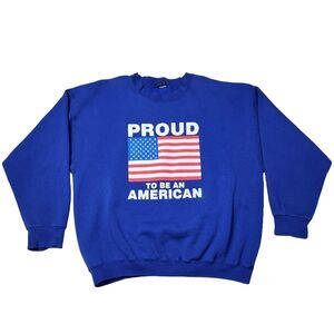 Vtg Proud To‎ Be An American Sweater Blue Crewneck Trump MAGA USA Flag Patriotic